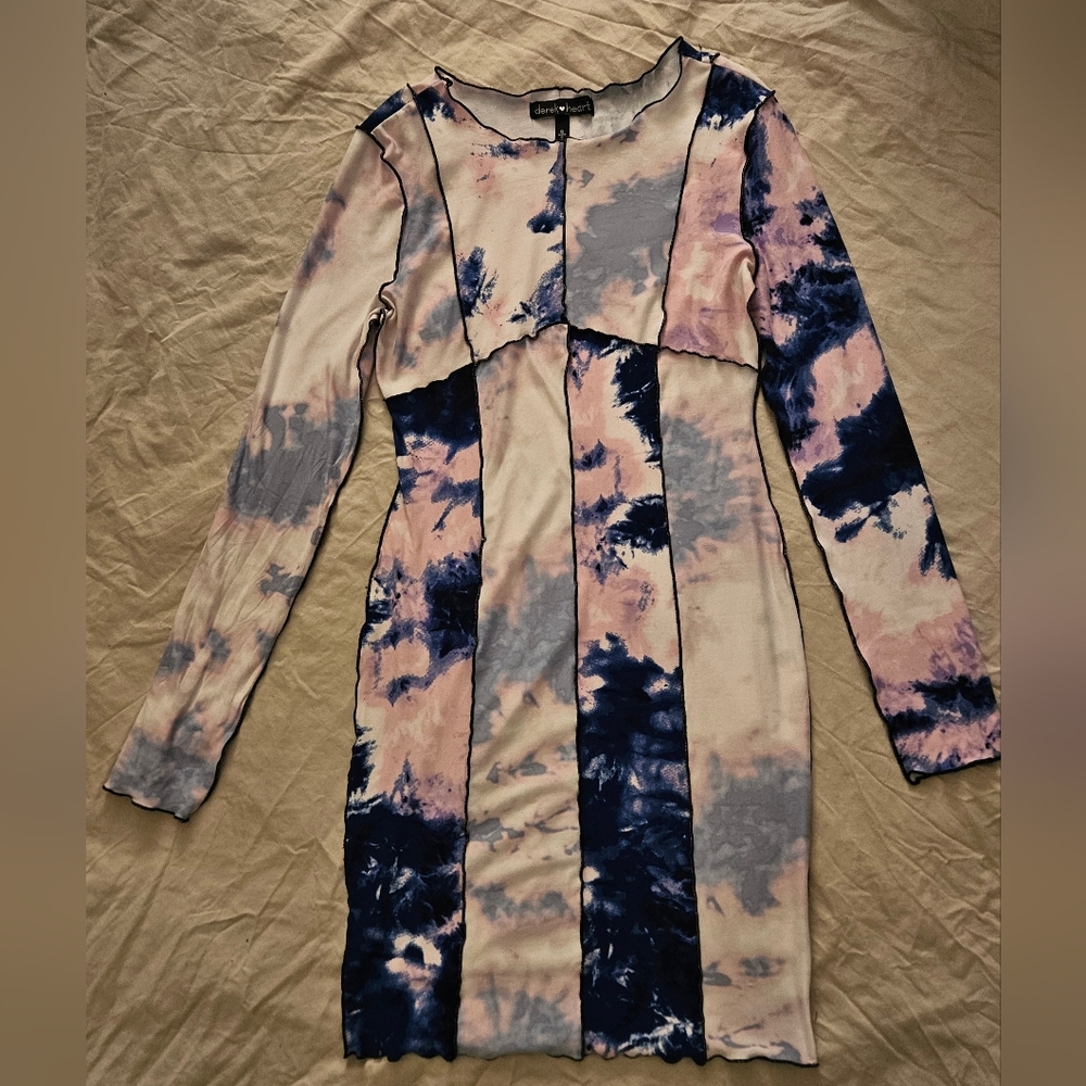 Blue and Pink Tie-Dye Long Sleeve Dress